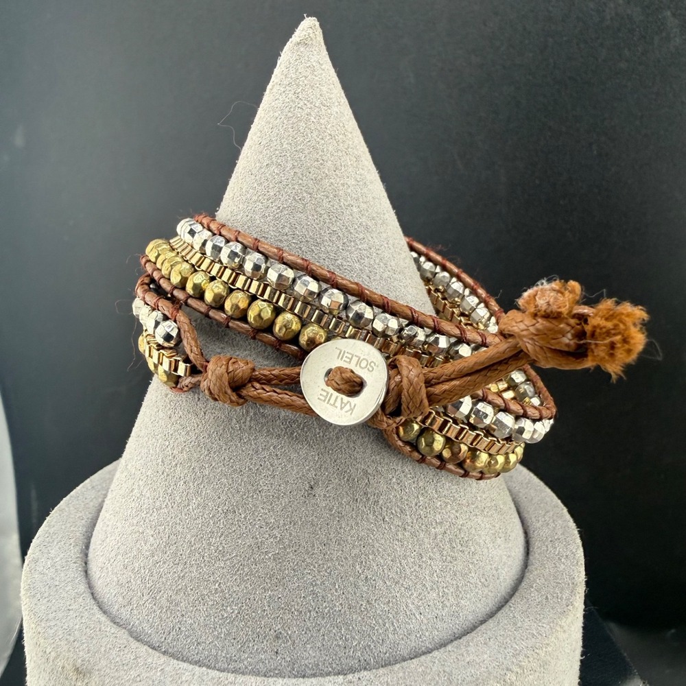 Katie Soleil Wrap Bracelet Brown Silver Beaded Boho Toggle 7in